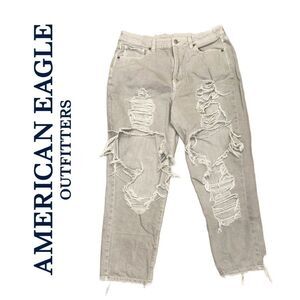 American Eagle Outfitters Distressed Light Gray Wash Mom Jeans - Size 16 Regular